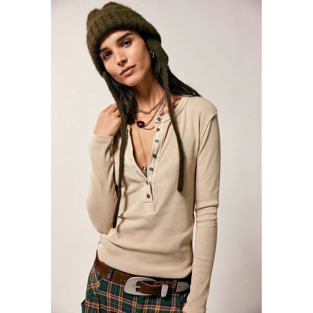We The Free Free People Jamie Henley Ribbed Long Sleeve Smooth Stone Beige Small